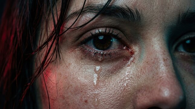 Extreme close up of a human eye with a single tear rolling down a cheek with visible skin texture.