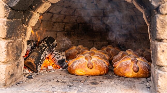 Pan de Muerto baking in a traditional stone wood-fired oven