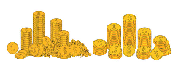 Gold coin stacks with dollar symbol in isometric hand drawn style and clean vector flat designs. © OBAID