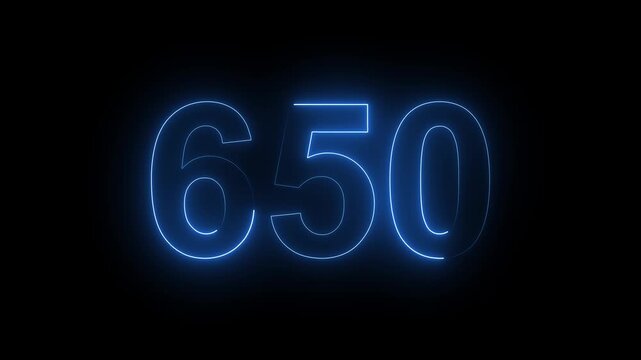 Glowing blue neon number 650 sign on dark background for sale discount or celebration concept.