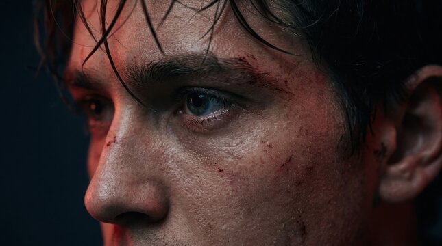 A portrait of a face with visible scratches and wet hair under dramatic red and blue lighting.