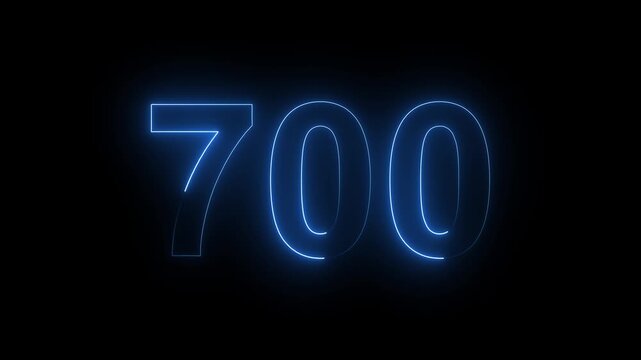 Glowing blue neon number 700 sign on dark background for sale discount or celebration concept.