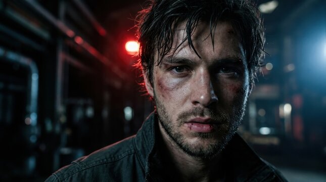 A gritty portrait of an injured man with facial wounds standing in a dark industrial environment.