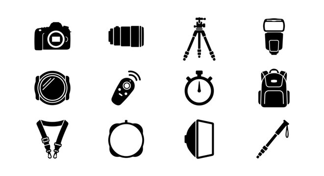 Photography Gear Icons Set: Camera, Lens, Tripod, Flash, Stopwatch, Backpack, Strap, Reflector, Light Modifier, Boom Pole