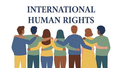 Fototapeta premium Diverse group of people standing together under International Human Rights text graphic.