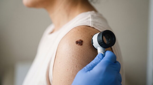 Doctor Examining Dysplastic Mole on Patient Shoulder Using Dermatoscope