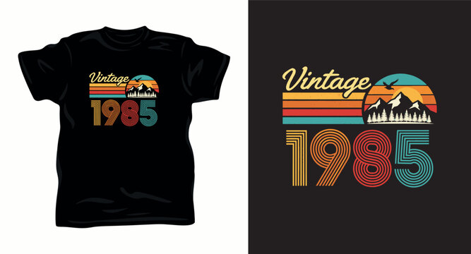 Vintage 1985 t-shirt design with a mountain and bird silhouette, perfect for retro birthday gifts and apparel.