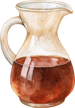 Watercolor illustration of a glass pitcher filled with dark coffee isolated on transparent background.