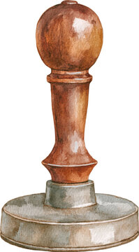 Watercolor painting of a wooden and metal coffee espresso tamper isolated on transparent background.