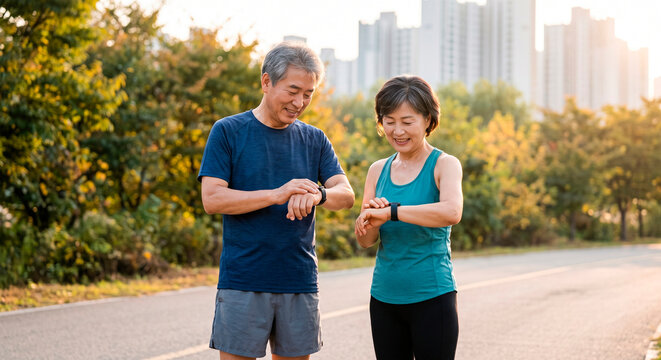 Active Middle Aged Couple Checking Smartwatches During Outdoor Exercise in Urban Park,도심 공원에서 운동 중 스마트워치를 확인하는 중년 부부의 건강한 라이프스타일