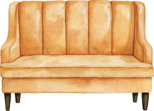 Watercolor painting of an elegant tan upholstered vintage sofa isolated on transparent background.