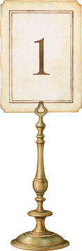 Watercolor illustration of a vintage table number holder with number one card isolated on transparent background.