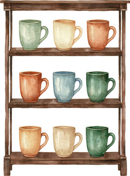 Watercolor painting of a wooden shelf displaying colorful ceramic mugs isolated on transparent background.