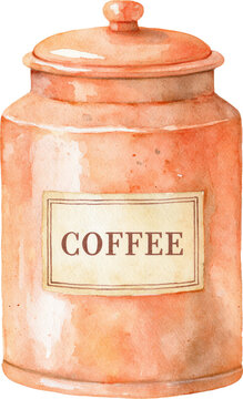 Watercolor illustration of a vintage ceramic jar with coffee label isolated on transparent background.
