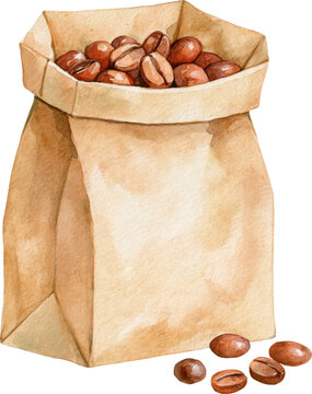 Watercolor illustration of a kraft paper bag filled with roasted coffee beans isolated on transparent background.