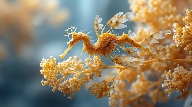 Leafy sea dragon camouflaged among yellow seaweed and coral