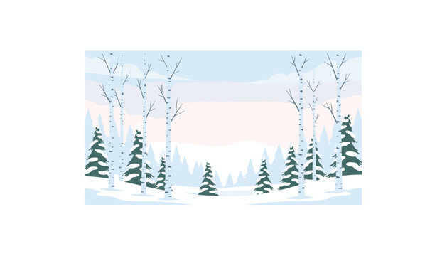 Serene winter forest landscape with birch trees and snow covered evergreen fir trees