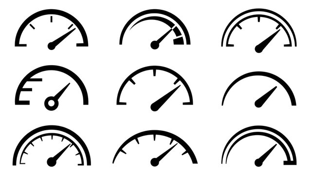 Set of black gauges, speedometers and tachometers, flat design vector icons