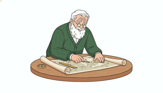 Senior man examining a map on a table with navigation tools