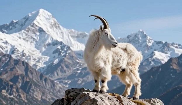 Mountain goat on rocky outcrop with snowy peaks &mdash; 4K video
