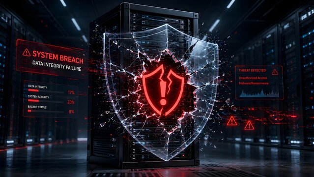 Shattered digital shield over server rack showing system breach and data integrity failure cyber attack concept