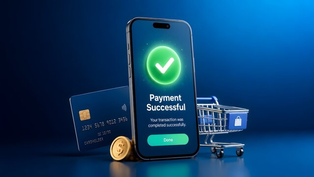 Successful mobile payment confirmed on smartphone screen next to credit card and shopping cart for e-commerce concept