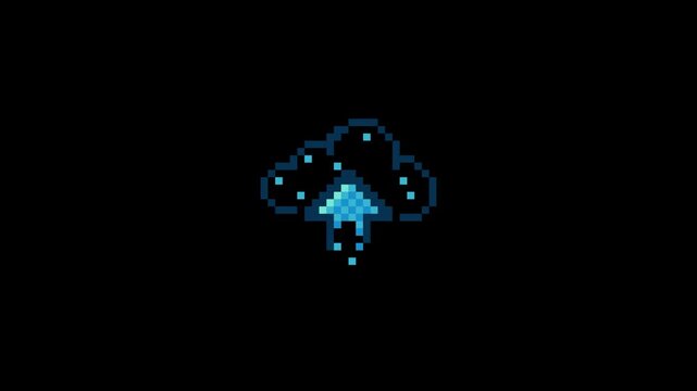 Cloud upload pixel icon digital data transfer 8-bit. Transparent background. Alpha Channel 4K