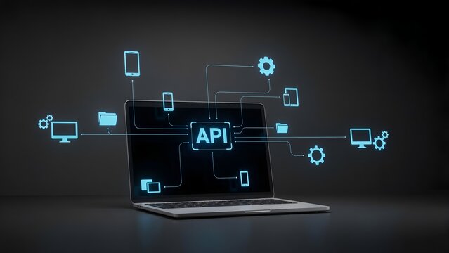 Open laptop with api concept graphics and connected device icons floating above, representing software integration, application programming interfaces, and digital connectivity