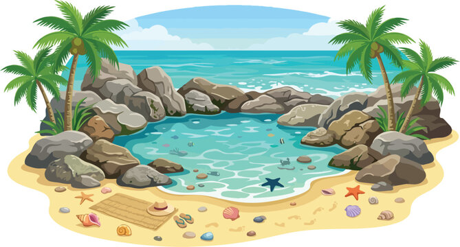 Tropical beach cove with calm tide pool surrounded by palm trees and rocks on sandy shore