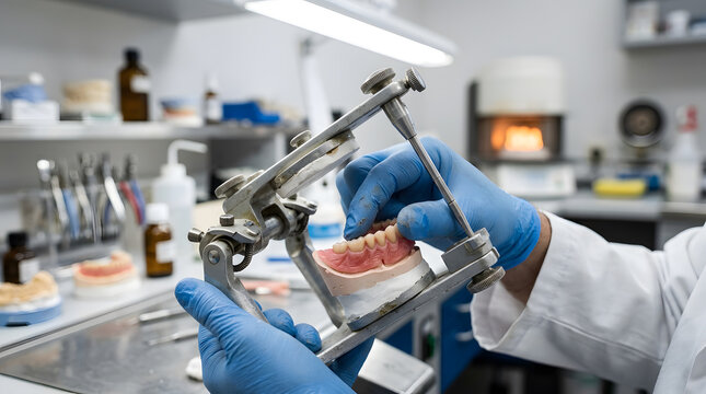 Dental laboratory professional technician using a metal articulator for precise tooth model adjustment in a clinical workplace, high quality professional dental care and oral health restoration