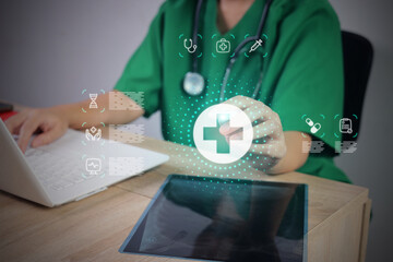 Female Nurse Pointing with Stylus Pen at Healthcare Medical Icon Holographic