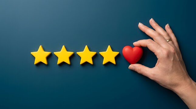 Hand placing a heart symbol next to four yellow stars on a blue background with customer service