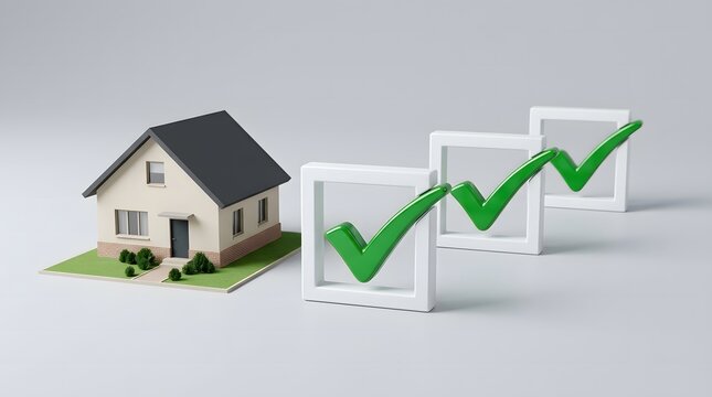 Model house beside check boxes with green check marks indicating successful property inspection