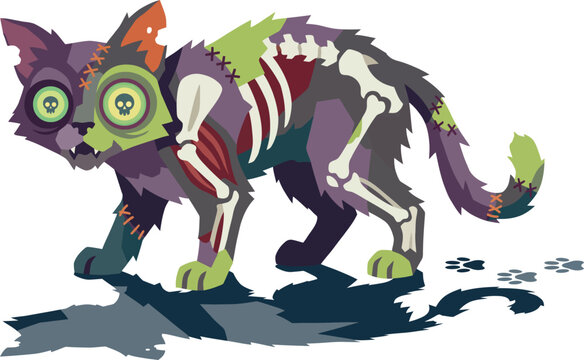 Fierce Zombie Cat Standing Vector Illustration Isolated on White Background