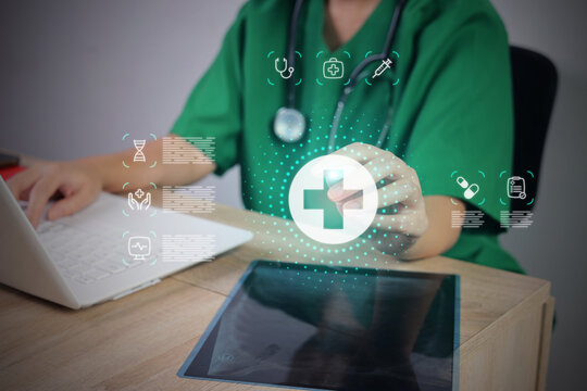 Female Nurse Pointing with Stylus Pen at Healthcare Medical Icon Holographic