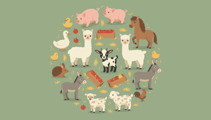 Fototapeta premium Cute farm animal set arranged in circle with sheep horses pigs and ducks