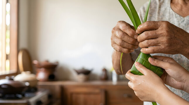  Close Up View Of Elderly And Young Hands Weaving Young Coconut Leaves Into Traditional Ketupat In Rustic Kitchen Over Light Background
