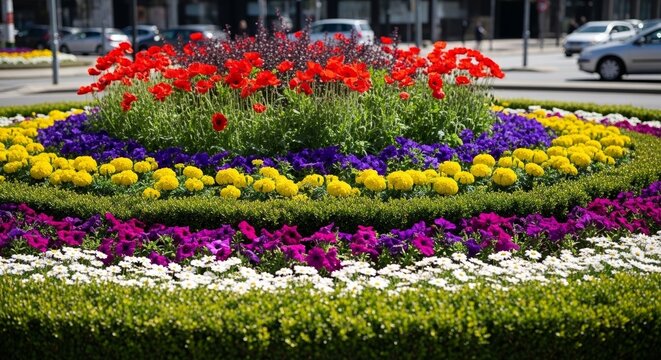 Vibrant flower bed with red poppies, yellow marigolds, and purple petunias arranged in spiral design. Beautiful garden features colorful blossoms and lush greenery.