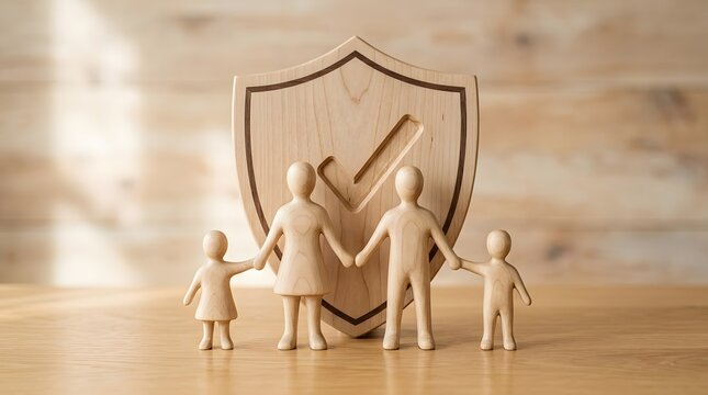 Wooden family figurines standing in front of a protective shield icon with wooden figures
