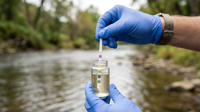 A close-up shot of an environmental scientist wearing blue protective latex gloves testing water quality with a chemical pH test strip in a glass vial, set against a flowing river background outdoors.