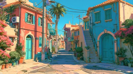 Obraz premium A vibrant, colorful street scene with pastel-colored buildings, palm trees, and a clear blue sky, featuring a mix of green and blue hues.