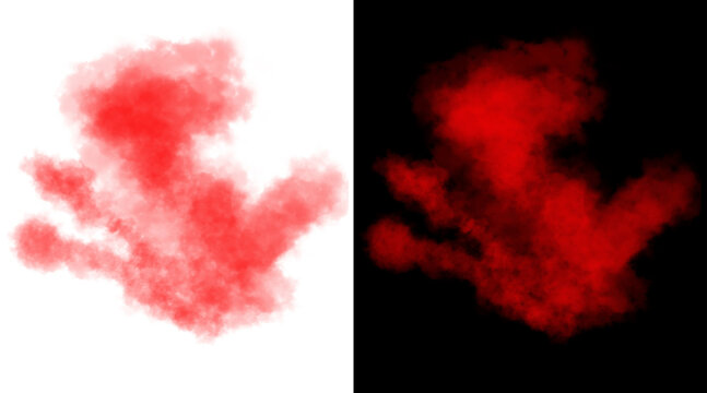Red smoke explosion isolated on white and black backgrounds, vibrant crimson powder cloud, abstract watercolor paint splash for design