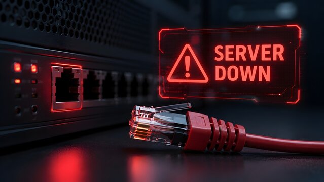 Red ethernet cable unplugged from network switch with glowing server down warning sign representing internet outage and IT connection failure