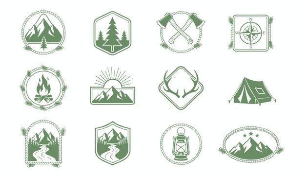 Wilderness camping badges set featuring mountains pine trees campfire and crossed axes