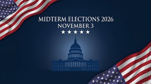 USA Midterm Elections 2026 banner featuring Capitol building and waving American flags.