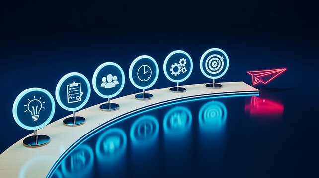 Business innovation roadmap with connected strategy and growth icons