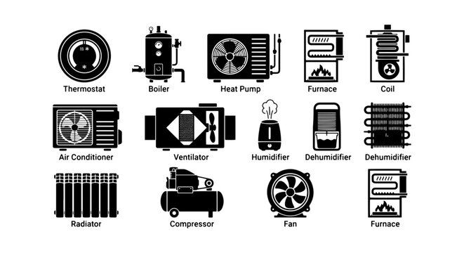HVAC System Components Vector Icons Set: Thermostat, Boiler, Furnace, Heat Pump, Air Conditioner, Compressor, Fan, Radiator, Humidifier, Dehumidifier, Coil, Ventilator