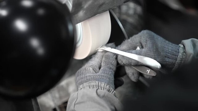 Gloved hands polishing a finished nail clipper against a spinning cloth wheel