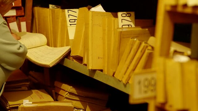 Archivist Looking Through Old Paper Document Folders On Archive Shelves. Information Search 