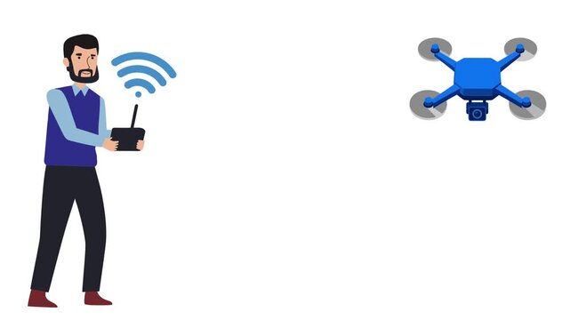 Man piloting blue camera drone with wireless remote control flat vector animation